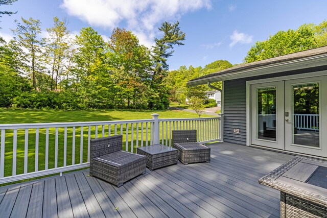 55 Linton St, Torrington, CT 06790 - wooden deck with french doors, a lawn, and view of scattered trees