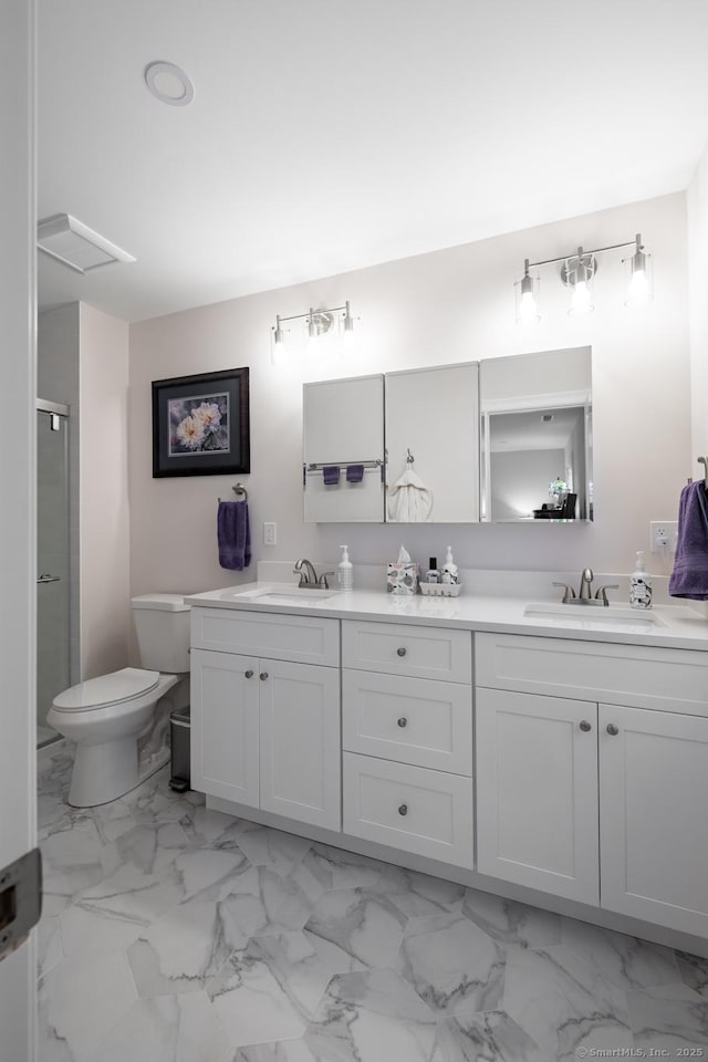 21 Summer Brook Way, Seymour, CT 06483 - bathroom featuring double vanity, a shower stall, toilet, and marble look tile flooring