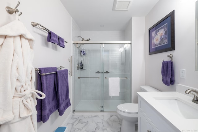 21 Summer Brook Way, Seymour, CT 06483 - bathroom with vanity, a stall shower, toilet, and marble finish flooring