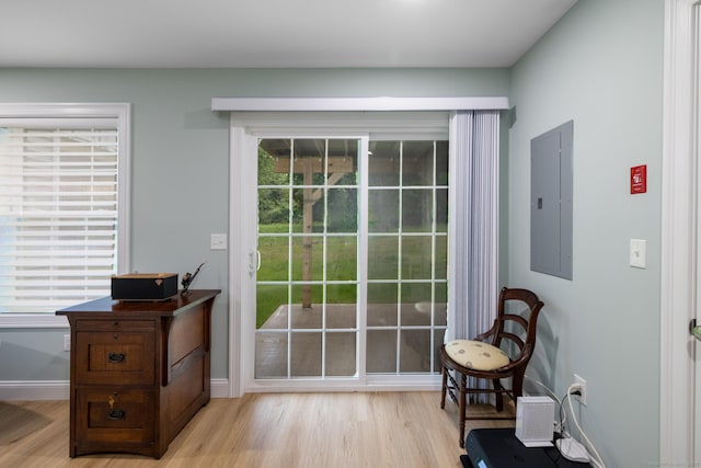 21 Summer Brook Way, Seymour, CT 06483 - doorway to outside featuring electric panel, light wood-type flooring, and baseboards