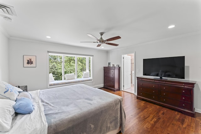 53 Pinnacle Rock Rd, Stamford, CT 06903 - bedroom featuring ornamental molding, dark wood-style floors, recessed lighting, ceiling fan, and baseboards