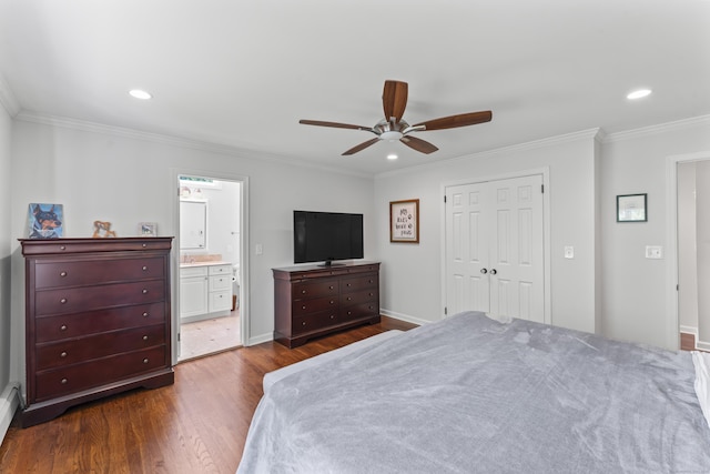 53 Pinnacle Rock Rd, Stamford, CT 06903 - bedroom featuring dark wood finished floors, crown molding, recessed lighting, a closet, and ceiling fan