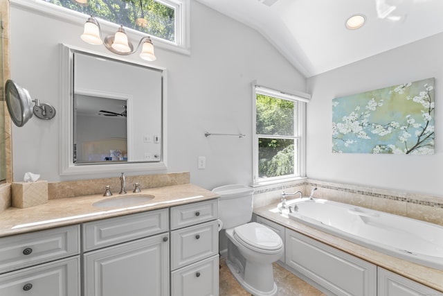 53 Pinnacle Rock Rd, Stamford, CT 06903 - bathroom with a garden tub, toilet, vanity, vaulted ceiling, and recessed lighting