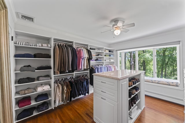 53 Pinnacle Rock Rd, Stamford, CT 06903 - spacious closet with a baseboard heating unit, a ceiling fan, and dark wood-type flooring