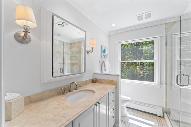 53 Pinnacle Rock Rd, Stamford, CT 06903 - bathroom featuring a baseboard heating unit, vanity, toilet, a shower with shower door, and crown molding