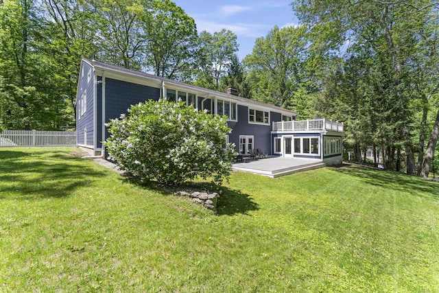 53 Pinnacle Rock Rd, Stamford, CT 06903 - back of house with a wooden deck, a chimney, and a balcony