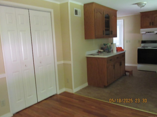 37 Stepney Cir, Rocky Hill, CT 06067 - kitchen featuring stove, under cabinet range hood, light wood-style flooring, light countertops, and brown cabinetry
