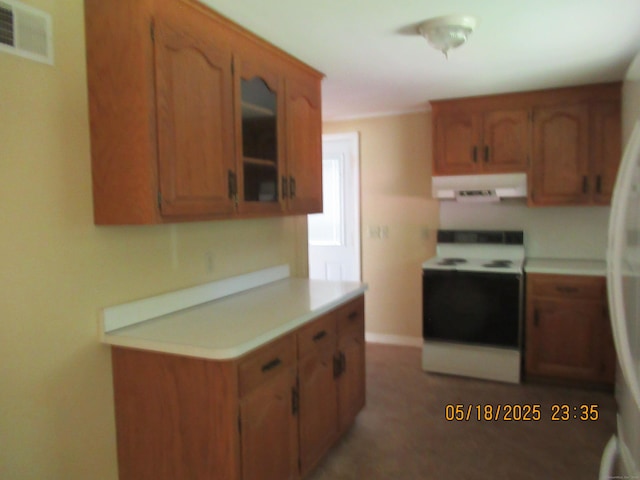 37 Stepney Cir, Rocky Hill, CT 06067 - kitchen with white appliances, ventilation hood, light countertops, brown cabinetry, and glass insert cabinets