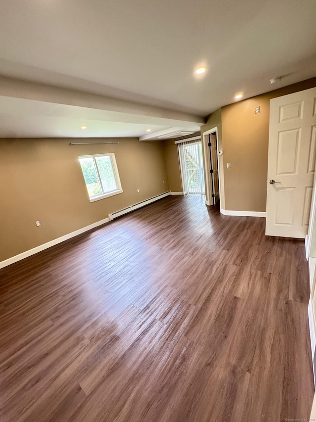588 Poquonock Ave, Windsor, CT 06095 - empty room featuring a baseboard heating unit, healthy amount of natural light, baseboards, recessed lighting, and dark wood-type flooring