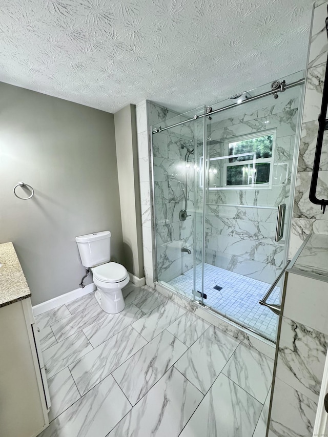 588 Poquonock Ave, Windsor, CT 06095 - full bath featuring marble look tile flooring, baseboards, toilet, a marble finish shower, and a textured ceiling