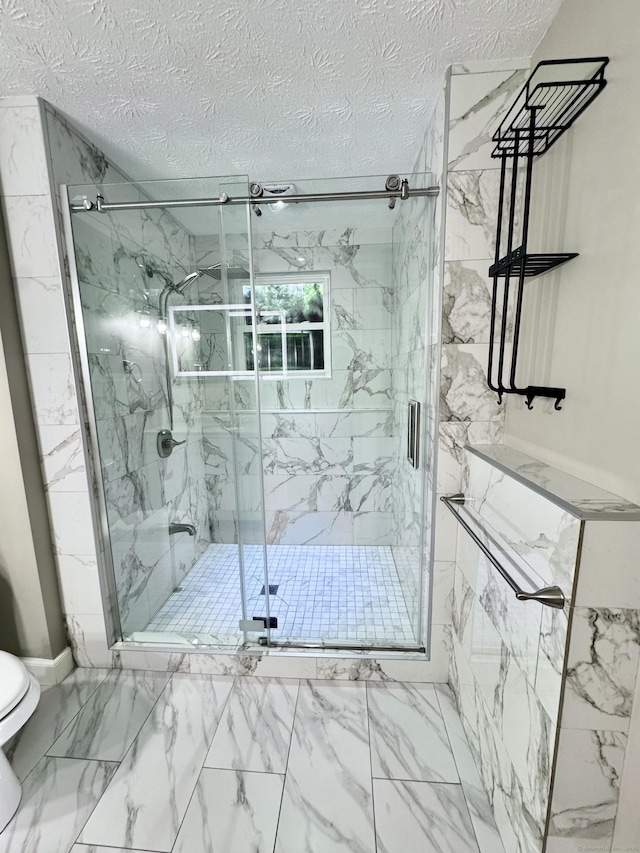 588 Poquonock Ave, Windsor, CT 06095 - bathroom with marble look tiles, toilet, a textured ceiling, and a marble finish shower