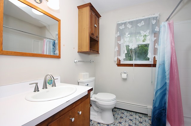 179 N Moodus Rd, East Haddam, CT 06469 - full bath with baseboard heating, vanity, toilet, and a shower with curtain