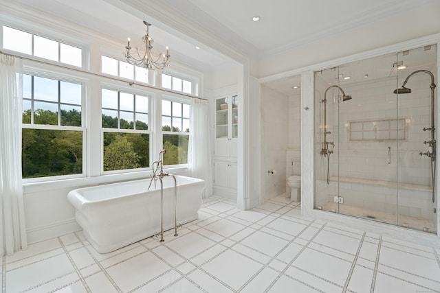 294 Maple Rd, Easton, CT 06612 - full bathroom with a freestanding tub, a shower stall, a chandelier, crown molding, and toilet