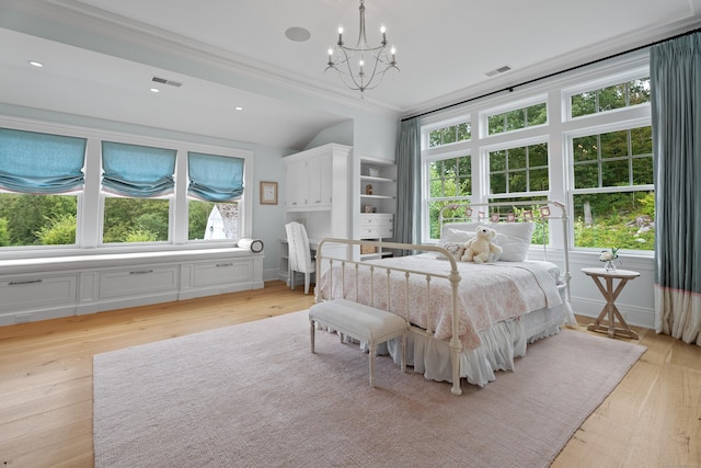 294 Maple Rd, Easton, CT 06612 - bedroom featuring a chandelier, ornamental molding, multiple windows, light wood-type flooring, and baseboards