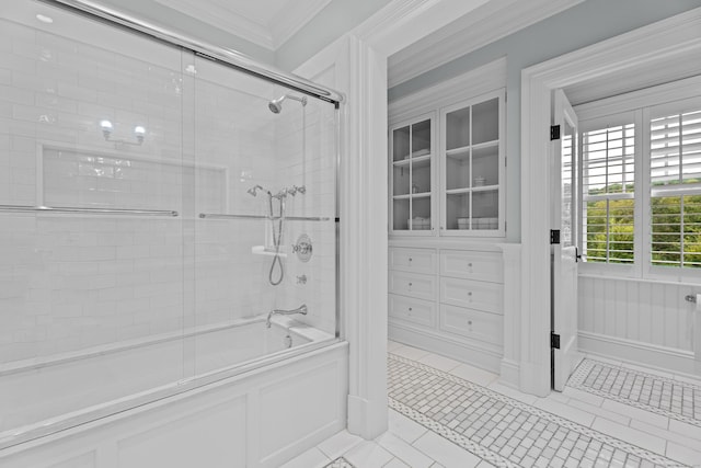 294 Maple Rd, Easton, CT 06612 - bathroom with crown molding, bath / shower combo with glass door, and tile patterned flooring