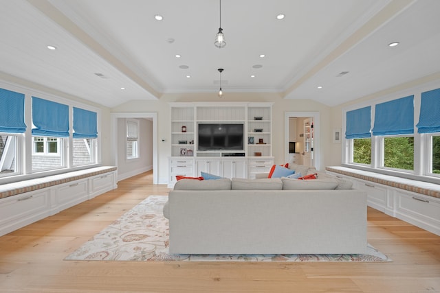 294 Maple Rd, Easton, CT 06612 - living area featuring ornamental molding, light wood-style flooring, recessed lighting, and lofted ceiling
