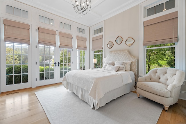 294 Maple Rd, Easton, CT 06612 - bedroom featuring access to outside, multiple windows, a chandelier, crown molding, and a high ceiling