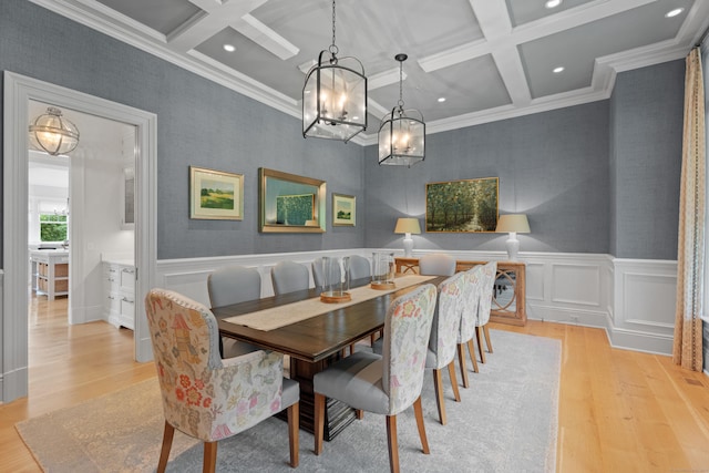 294 Maple Rd, Easton, CT 06612 - dining area featuring coffered ceiling, light wood finished floors, a chandelier, crown molding, and beamed ceiling
