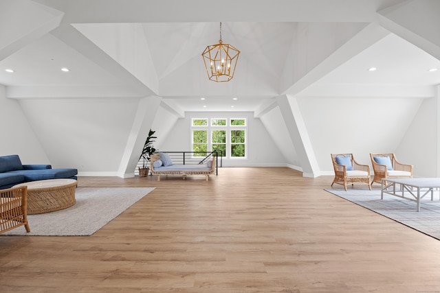 294 Maple Rd, Easton, CT 06612 - sitting room with lofted ceiling, light wood finished floors, a chandelier, recessed lighting, and baseboards