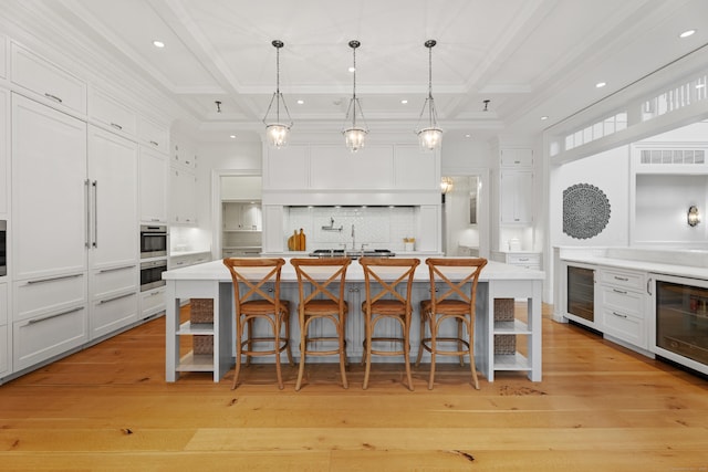 294 Maple Rd, Easton, CT 06612 - kitchen featuring beverage cooler, decorative backsplash, white cabinets, coffered ceiling, and crown molding