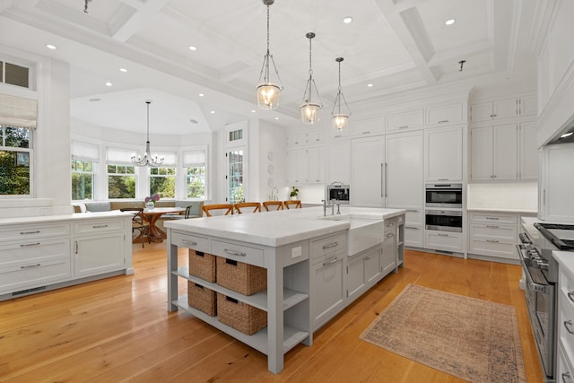 294 Maple Rd, Easton, CT 06612 - kitchen featuring open shelves, coffered ceiling, stainless steel appliances, a sink, and recessed lighting