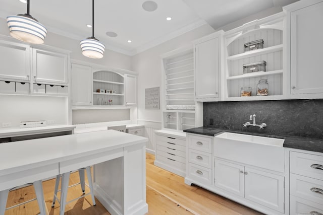 294 Maple Rd, Easton, CT 06612 - kitchen with open shelves, crown molding, a sink, white cabinets, and decorative backsplash