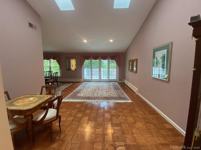 2 Tunxis Pl, Cheshire, CT 06410 - living area with baseboard heating, baseboards, high vaulted ceiling, a skylight, and plenty of natural light