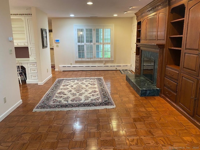 2 Tunxis Pl, Cheshire, CT 06410 - unfurnished living room featuring a fireplace, baseboards, recessed lighting, and baseboard heating