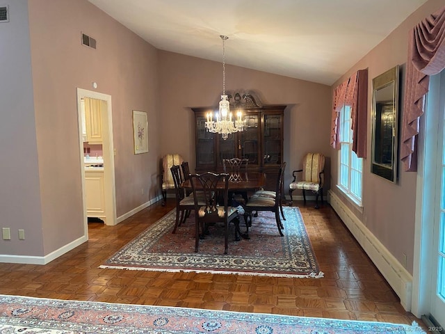 2 Tunxis Pl, Cheshire, CT 06410 - dining room with vaulted ceiling, baseboards, a chandelier, and a baseboard radiator