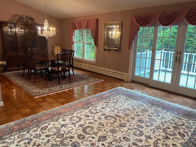 2 Tunxis Pl, Cheshire, CT 06410 - dining space featuring a baseboard heating unit, lofted ceiling, a chandelier, french doors, and baseboards