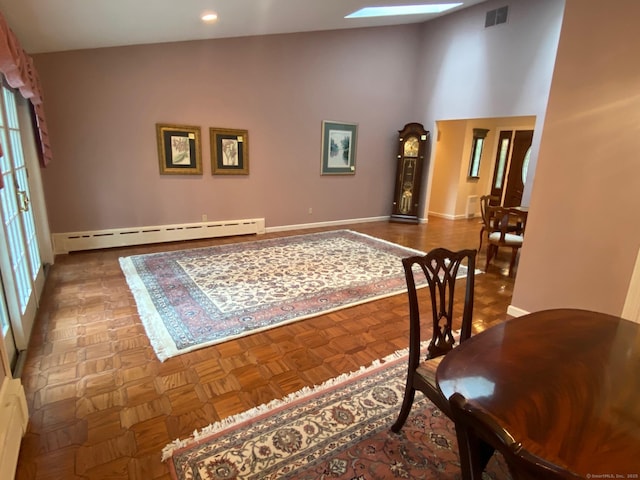 2 Tunxis Pl, Cheshire, CT 06410 - dining room featuring a baseboard radiator, baseboards, recessed lighting, and high vaulted ceiling
