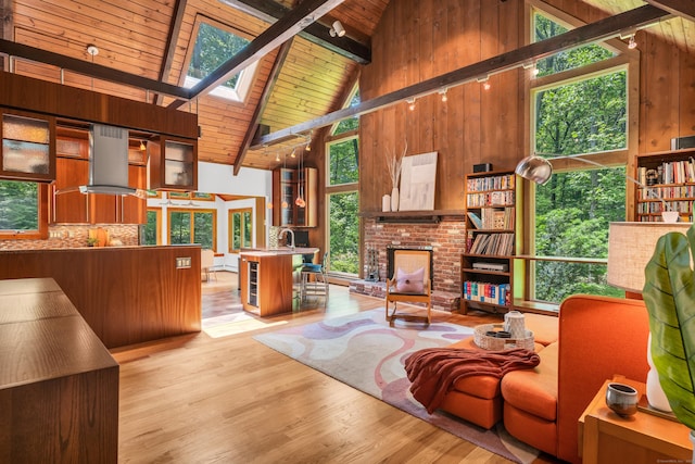 522 Peddlers Rd, Guilford, CT 06437 - living room featuring a wood ceiling with exposed beams, high vaulted ceiling, wood finished floors, wooden walls, and a fireplace