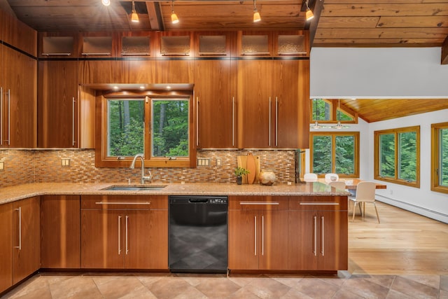 522 Peddlers Rd, Guilford, CT 06437 - kitchen with black dishwasher, wood ceiling, light stone counters, tasteful backsplash, and brown cabinetry