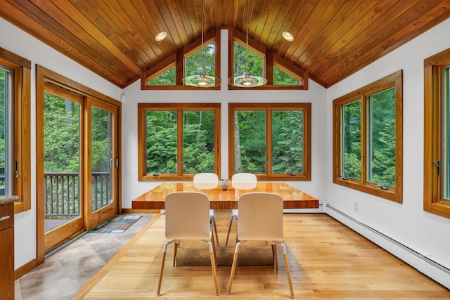 522 Peddlers Rd, Guilford, CT 06437 - sunroom featuring baseboard heating, vaulted ceiling, wooden ceiling, and recessed lighting