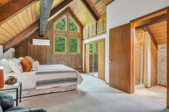 522 Peddlers Rd, Guilford, CT 06437 - carpeted bedroom featuring wood ceiling, a wall mounted AC, wood walls, and baseboard heating