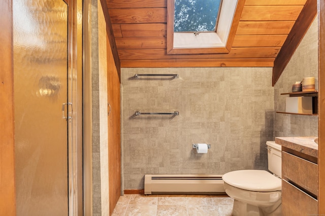 522 Peddlers Rd, Guilford, CT 06437 - bathroom with a baseboard heating unit, a shower stall, a skylight, and vanity