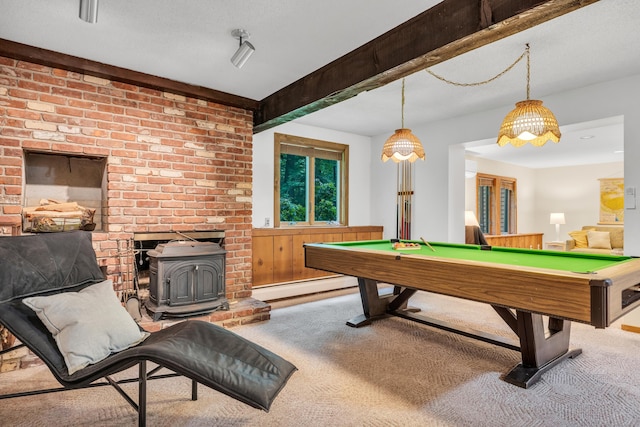 522 Peddlers Rd, Guilford, CT 06437 - rec room featuring a wood stove, baseboard heating, carpet, and pool table