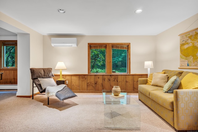 522 Peddlers Rd, Guilford, CT 06437 - carpeted living room with a wall mounted air conditioner, wainscoting, wooden walls, a baseboard heating unit, and recessed lighting