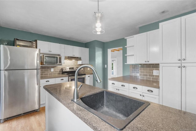179 Carey Ave, Meriden, CT 06451 - kitchen with appliances with stainless steel finishes, a sink, open shelves, and white cabinets