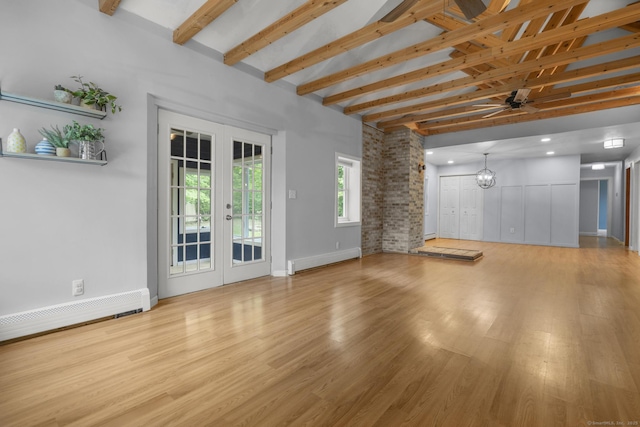 179 Carey Ave, Meriden, CT 06451 - unfurnished living room featuring beamed ceiling, a baseboard heating unit, light wood-style flooring, a chandelier, and high vaulted ceiling