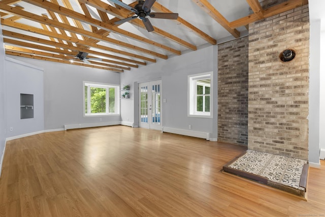 179 Carey Ave, Meriden, CT 06451 - unfurnished living room featuring ceiling fan, beamed ceiling, baseboard heating, wood finished floors, and baseboards