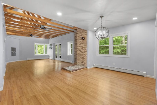 179 Carey Ave, Meriden, CT 06451 - unfurnished living room featuring a baseboard heating unit, baseboards, a ceiling fan, a chandelier, and light wood-style flooring