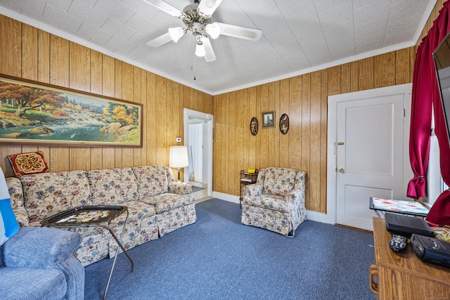 48 Burlington Ave, Bristol, CT 06010 - living room featuring carpet floors, crown molding, wooden walls, and ceiling fan