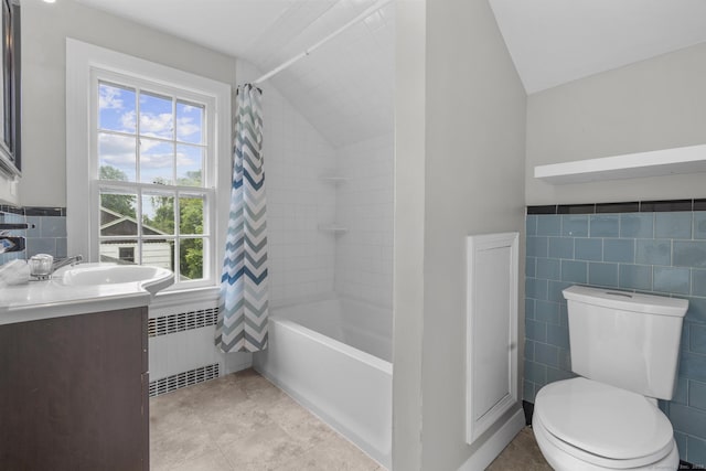 5 Brainerd Dr, Portland, CT 06480 - full bathroom with radiator, vanity, lofted ceiling, shower / bath combo, and toilet