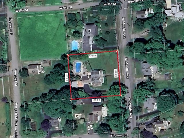 14 W Mystic Ave, Groton, CT 06355 - aerial overview of property's location featuring property parcel outlined