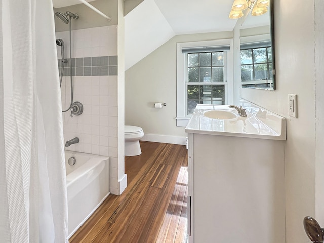 14 W Mystic Ave, Groton, CT 06355 - full bath featuring toilet, vanity, wood finished floors, shower / bathtub combination with curtain, and baseboards
