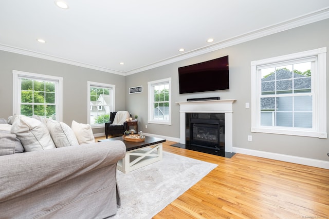 9 Tall Wood Dr, East Hampton, CT 06424 - living room with ornamental molding, wood finished floors, recessed lighting, baseboards, and a fireplace with flush hearth