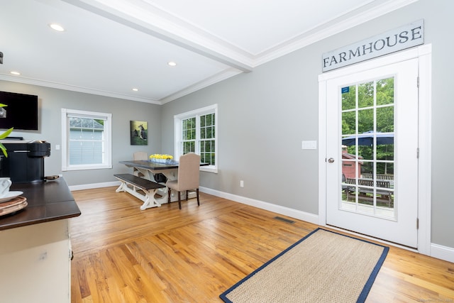 9 Tall Wood Dr, East Hampton, CT 06424 - dining area featuring healthy amount of natural light, light wood-style flooring, ornamental molding, baseboards, and recessed lighting
