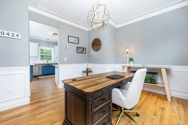9 Tall Wood Dr, East Hampton, CT 06424 - office featuring crown molding, light wood-style flooring, a wainscoted wall, a sink, and a chandelier