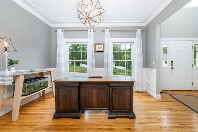 9 Tall Wood Dr, East Hampton, CT 06424 - office area featuring light wood finished floors, a chandelier, wainscoting, and crown molding